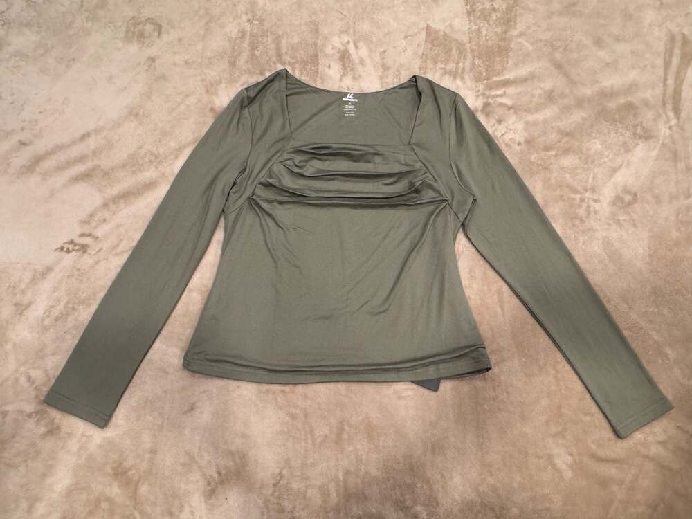KEEPBEAUTY Olive Green Ruched Square Neck Long Sleeve Top NWT XL